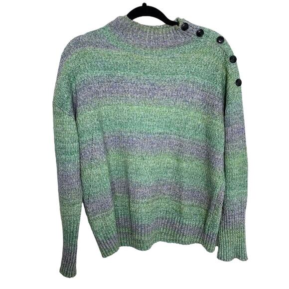 Talbots Striped Pullover Sweater Womens L Green Button Mock Neck Ribbed Wool - Picture 1 of 8